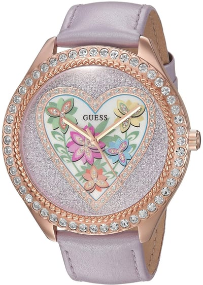 Reloj Guess U0908L1 en tono dorado rosa y correa lila, vista frontal.