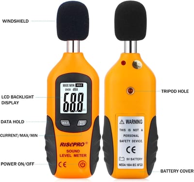 RISEPRO HT-80A naranja y negro, vistas frontal y posterior del sonómetro.