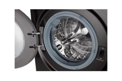 LG WD14BVC2S6C Black Steel: detalle del tambor y puerta abierta