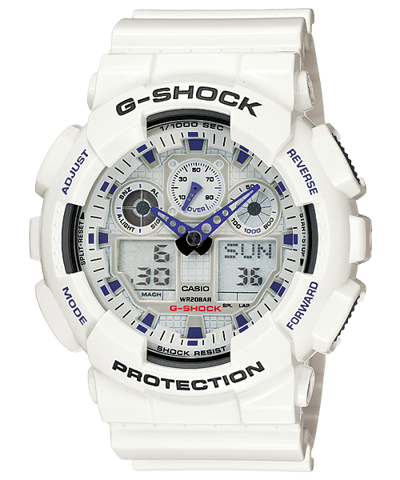 Reloj Casio G-Shock GA-100A-7A blanco, vista frontal.
