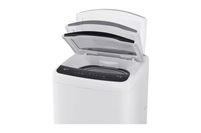Lavadora LG WT18WVTB blanca de 18 kg, vista superior con tapa abierta