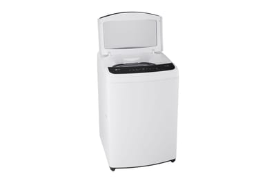 Lavadora LG WT18WVTB blanca de 18 kg, vista lateral con tapa abierta